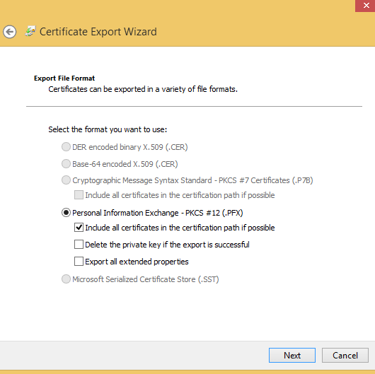 export ssl cert export pie